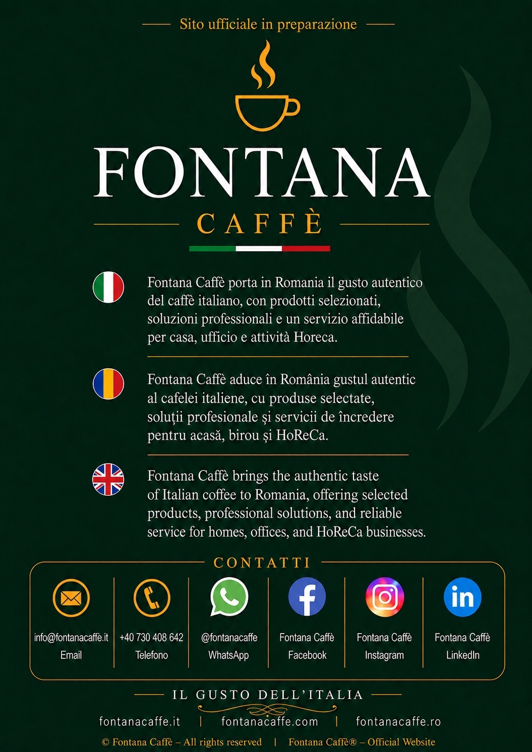 Fontana Caffè – sito ufficiale in preparazione, presentazione in italiano, rumeno e inglese con contatti aziendali.
